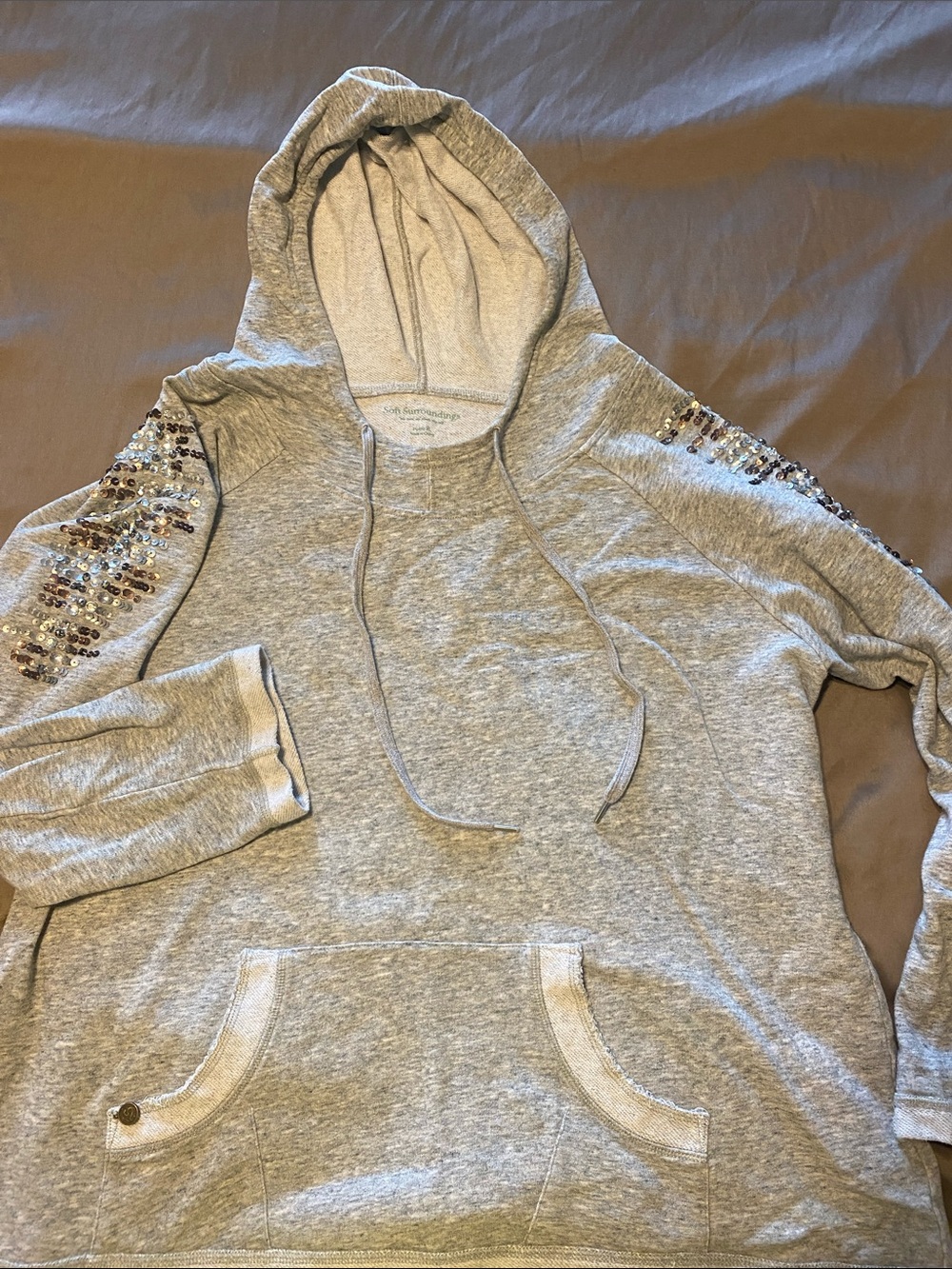 Soft Surroundings Embellished Light Gray Hooded Sweatshirt petite xl